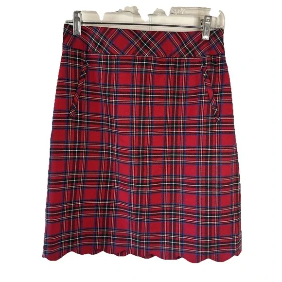 Talbots 2 Red Tartan Skirt Scallop Hem Holiday Winter Preppy‎ Plaid Wool Blend