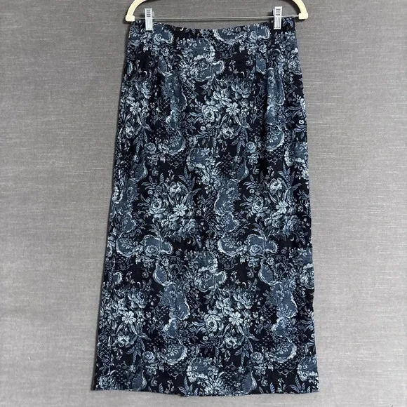 Vintage Briggs Skirt 10 Black Blue Floral Pencil Midi 90s Career‎ Fall Preppy