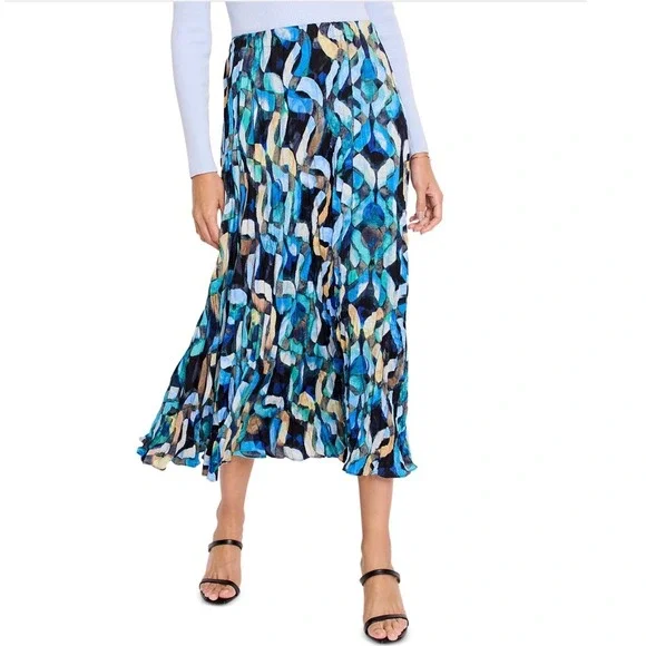 NIC+ZOE Wave Links Midi Skirt Blue Multi A-Line Elastic Waist‎ Small