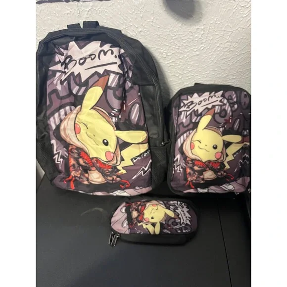Pokemon Pikachu 3pc Backpack Set Streetwear Graffiti Lunch Bag Pencil Case NWOT