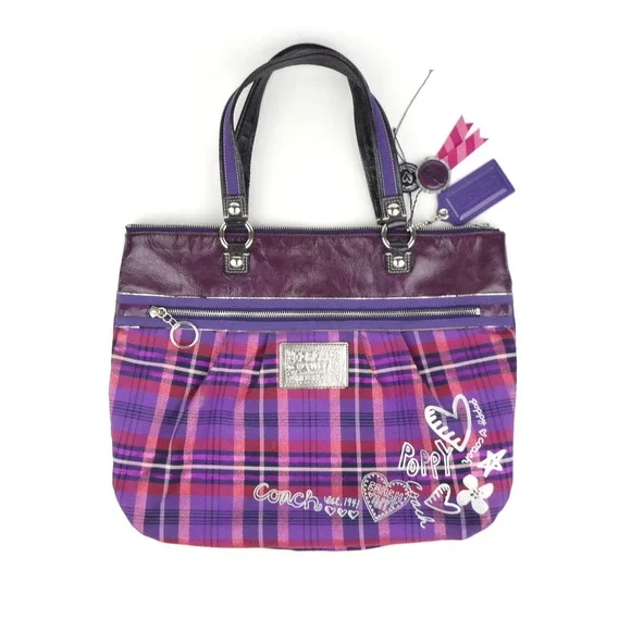 Coach Poppy Purple Plaid Large Shoulder Bag Tote 15886