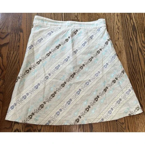 Sigrid Olsen 100% Linen‎ Beige Embroidered Skirt Women’s 12 Lined Boho Fairy EUC