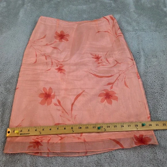 Ann Taylor Loft Silk Skirt Womens 4 Floral Print Sheer Organza Midi Peach Coral