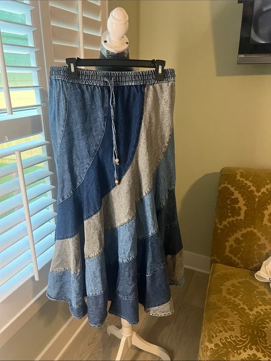 Patchwork Denim A-Line Maxi Skirt - Blue