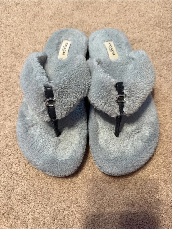 Coach Light Blue Fuzzy Thong Slippers