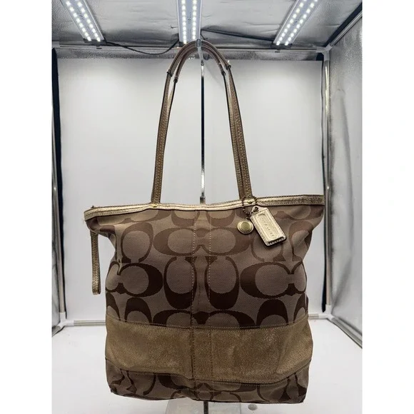 Coach Signature Stripe Tote Brown Khaki Jacquard Gold Metallic Leather Shoulder