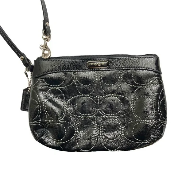 Coach black patent leather stitched signature c wristlet bag