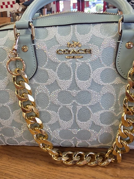 COACH Glitter Signature Satchel in Light Blue