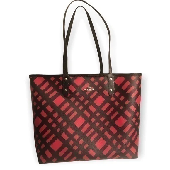 Coach reversible CITY TOTE WITH WILD PLAID PRINT  F22247 red black