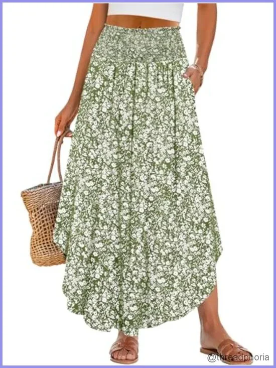 Maxi Skirt with Pockets - Boho Floral High Waisted Flowy Swing Pleated - Summer