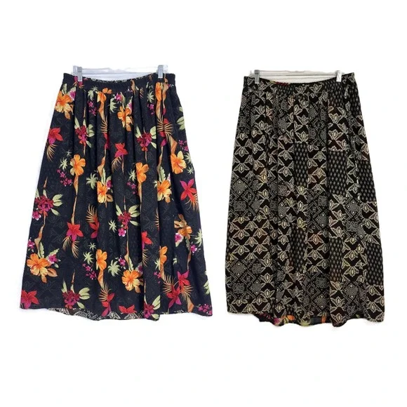 Vtg Reversible Skirt Sz 16W Tropical Chiffon Black Multi Midi Pull On‎ Boho Chic