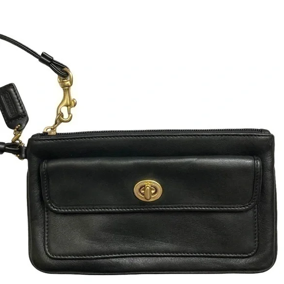 Coach vintage black leather turnlock clutch wristlet bag