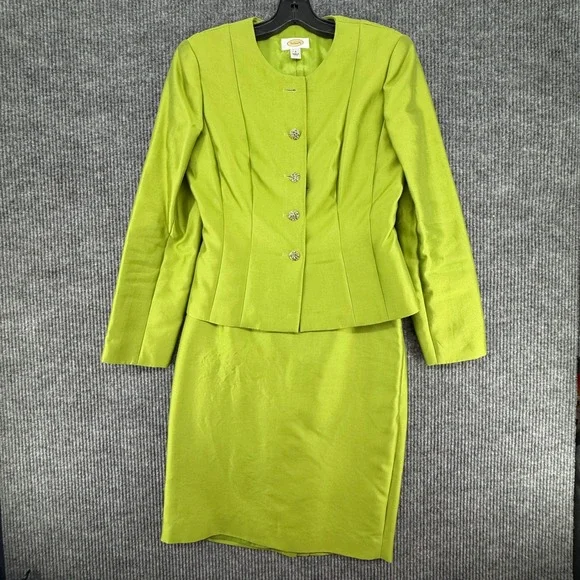Talbots Skirt Suit Women Size 4 Lime Green Excellent Silk Cotton Peplum Blazer