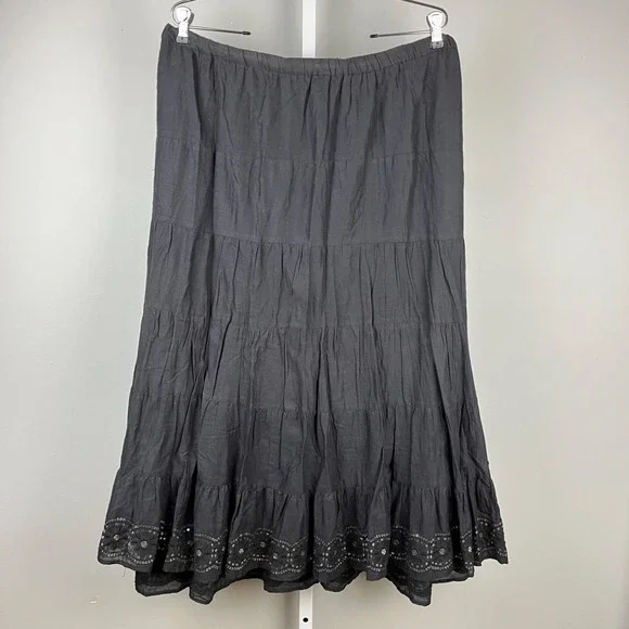 Ashley Stewart Black Peasant Maxi Skirt Womens 14/16 Embroidered Sequin Hem Boho