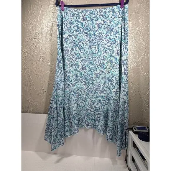 J Jill Floral Skirt Aqua‎ Purple White Ruffle Large Lined Ballet Cottage Size L