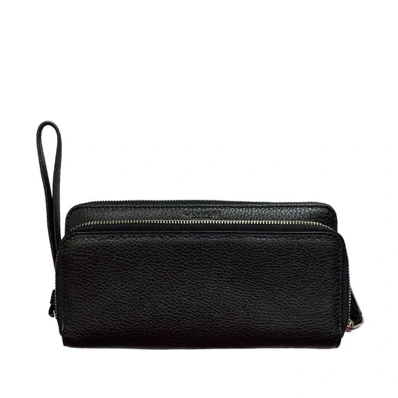 Coach black pebbled leather double zipper wristlet clutch bag