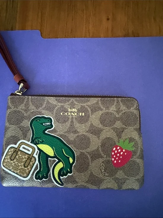 Coach Brown Signature Canvas Wristlet with Green Dino and Red Strawberry Patches
