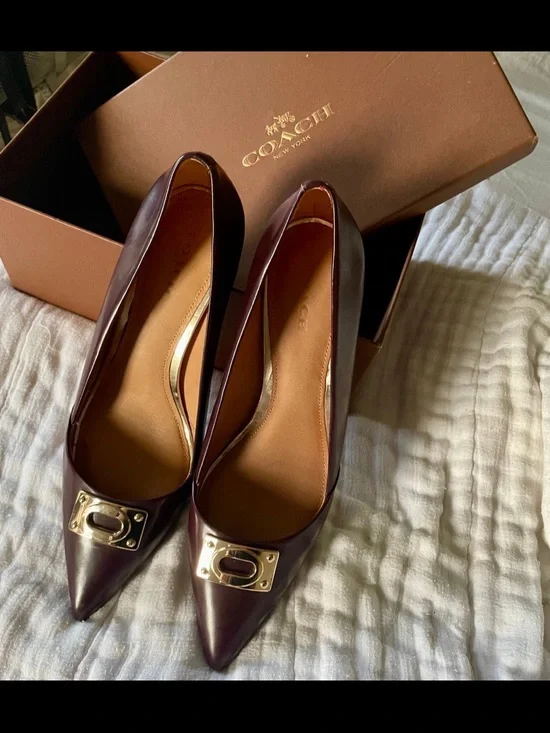 Coach Pointed-Toe Leather Pumps in Burgundy with Gold Plaque US 8