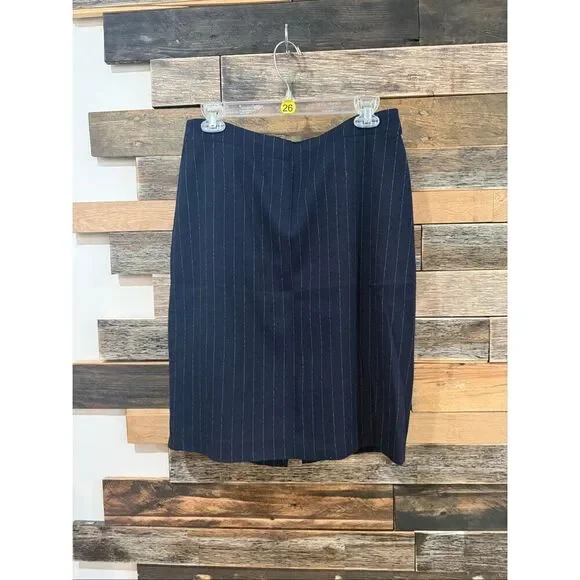 Donna Karan Womens Knee Length Knit Pencil Skirt Navy Blue Stripes Size 8