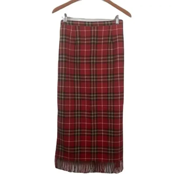 Requirements‎ Vintage Tartan Plaid Red Holiday Wool MIDI Skirt 8P Holiday