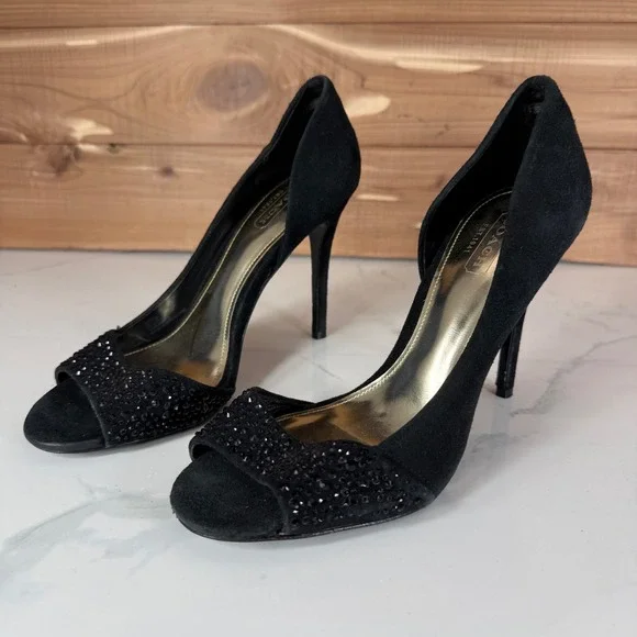 Coach Black Suede Rhinestone Peep Toe Pumps d'Orsay Stiletto Heels‎ Womens 6B
