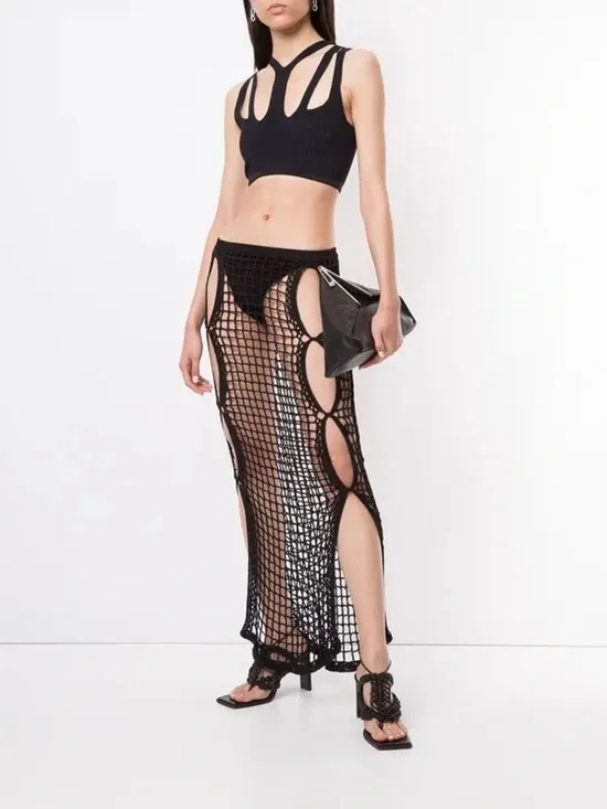 DION LEE Crochet Black Maxi Skirt Size XS VGUC
