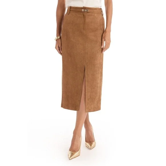 The Noli Front Slit Midi Skirt‎ Faux Suede Pencil Brown Size XS