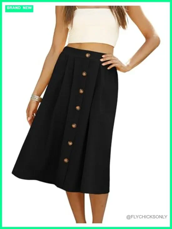 High Waisted A-Line Midi Skirt with Pockets Casual