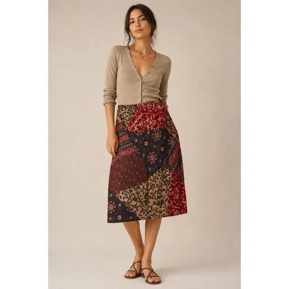 Harold's 100% Silk Patchwork Print Pencil Skirt Red‎ Geometric Midi Size 10