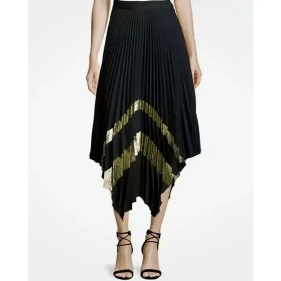 Cinq a Sept Black Midi Skirt Palma Pleated Black‎ Gold Size 4