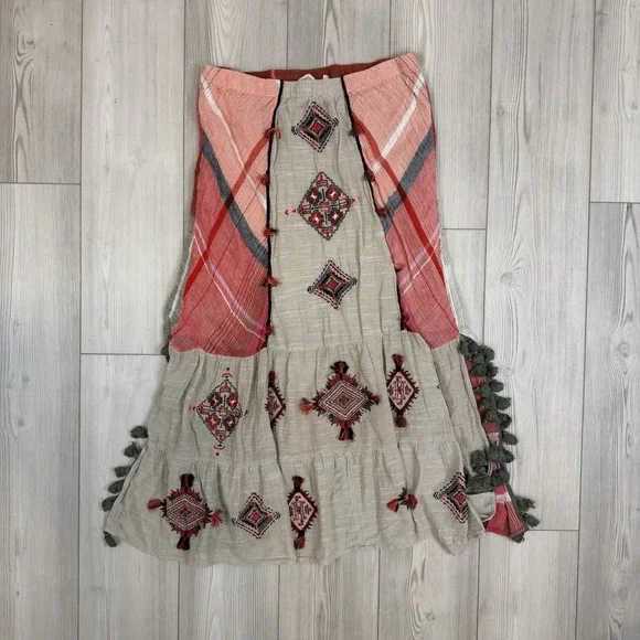 Soft Surroundings Maxi Skirt Womens Large Bohemian Embroidered Pom Plaid‎ Gauze