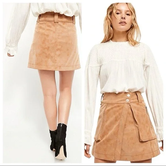 NWOT Free People tan‎ Carson Utility faux leather wrap skirt size 4