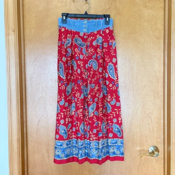 New Look NL Maxi Skirt Women Small Red Paisley Button‎ Front Boho Chambray Waist