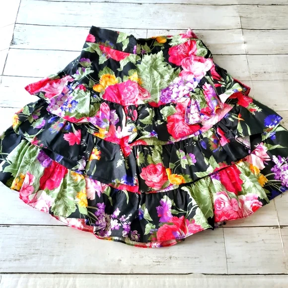 Vintage floral skirt high waisted tiered‎ ruffles 89s 90s