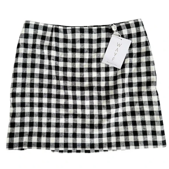 WAYF Gingham Mini Skirt Size 8 Black White‎ Linen Cottagecore Preppy Academia
