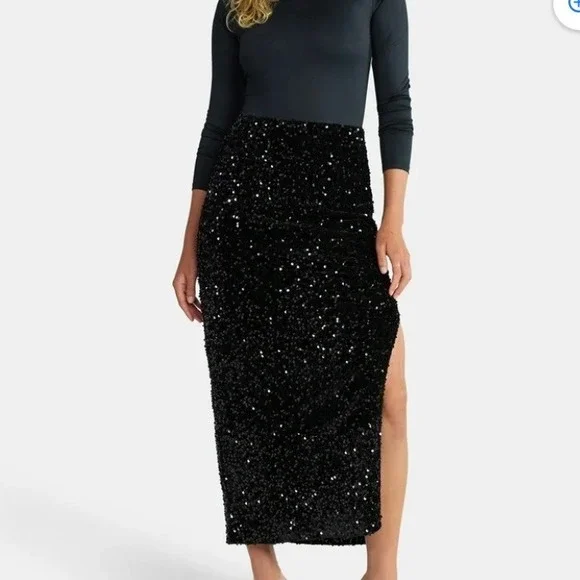 Madden NYC Black Sequin Velour Maxi Skirt‎ Side Slit Womens Large