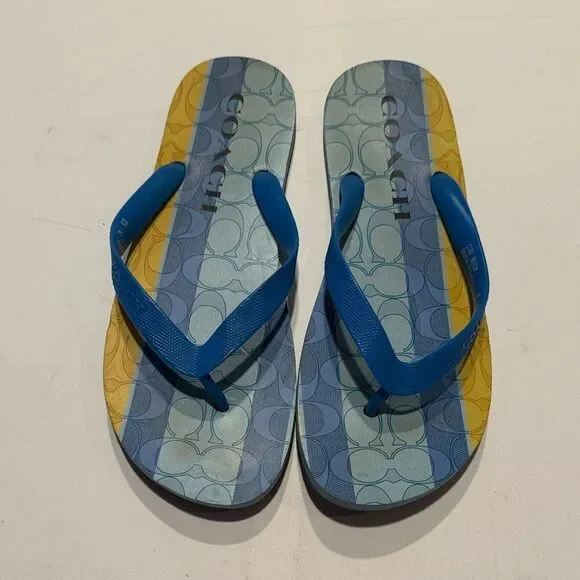 Coach Monogram Navy and Gold Beach Sandals