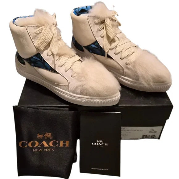 COACH C203 Soft Smooth/Calf Suede Fur High-Top Sneakers – Chalk – 6– New