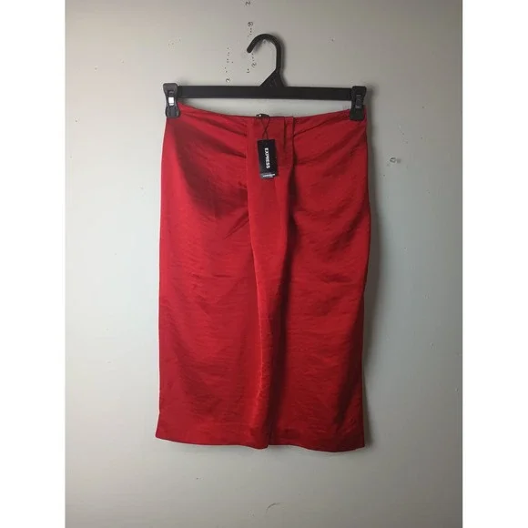 Express Red Satin Pleated Front Pencil Skirt Midi High‎ Waisted Size 2 NWT