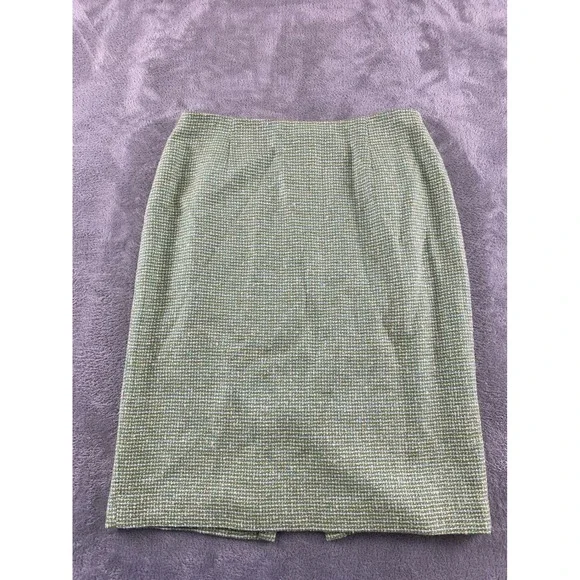 Maggy London Women 8 Green Tweed Silk Blend Pencil Skirt Knee Length Lined 23.5L