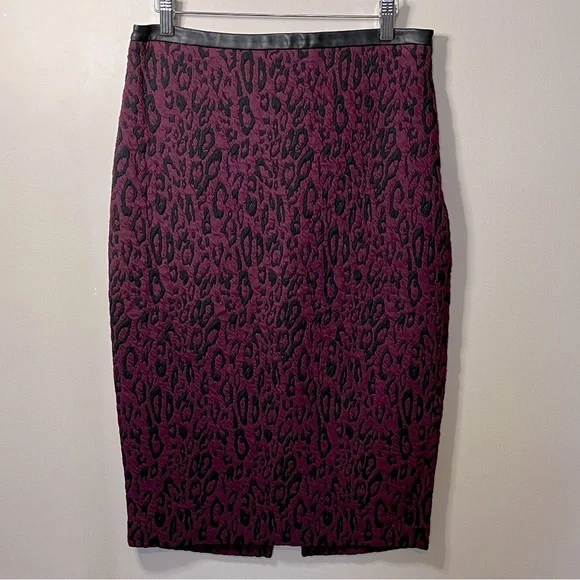 NWT Express Purple and Black Leopard‎ Pencil Midi Skirt Vegan Leather Trim