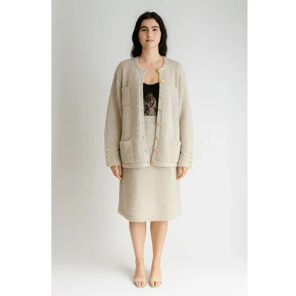 vtg‎ Tanner beige boucle knit skirt cardigan suit 2 piece set 80s