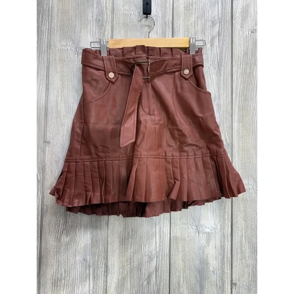 Zara Faux Leather Paperbag Mini Skirt Rust Brown Pleated Ruffle Belted XS