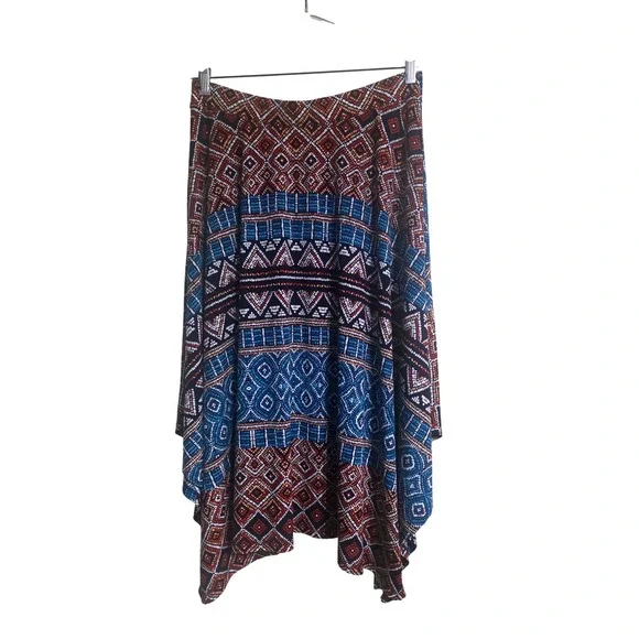 Cato Womens Blue Rust Geometric‎ Tribal Print Handkerchief Hem Midi Skirt Small