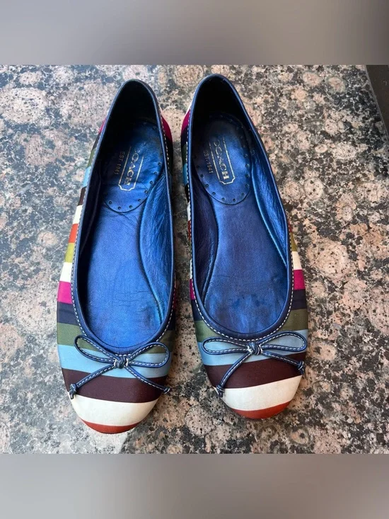 Vintage Y2K Coach Legacy Striped Satin Ballet Flats with a Small Bow Detail.