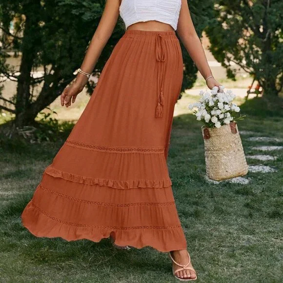 Red Boho Womens Tie Waist Ruffle Hem Skirt