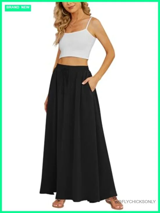 Flowy Maxi Skirt with Pockets Pleated High Waisted Casual Long Skirt