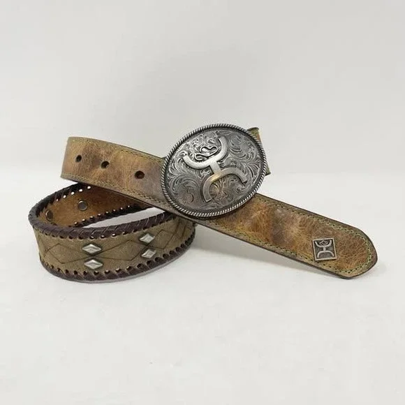 Hooey Western Belt Youth Boys 24 Brown Leather Silver Buckle Green Stitch Rodeo