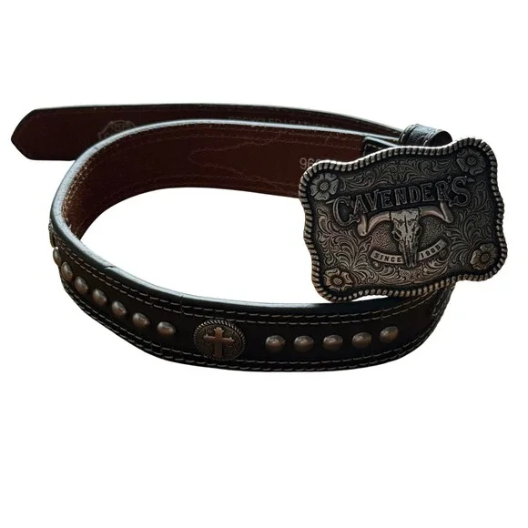 Cavenders Kids Brown Leather Western Belt Cross Studs Basketweave Sz 22 9600802