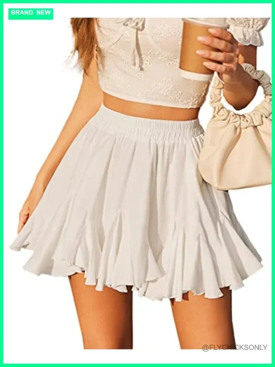Women's Pleated Skirt Boho Ruffle Flowy Mini High Waisted Flared Skater